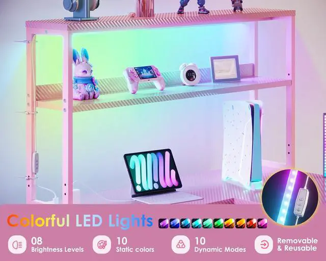 Alt view image 5 of 6 - 53 Inch L Shaped Desk with LED Lighting, Reversible Gaming Desk with Power Outlets, Cornor Computer Table with Storage Shelves & Bag & Iron Hook, Home Office Table for Writing, Study, Pink