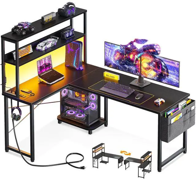Main image of 53 Inch L Shaped Gaming Desk with LED Lighting, Reversible Desk with Power Outlets, Cornor Computer Table with Storage Shelves & Bag & Iron Hook, Home Office Table for Writing, Study, Black