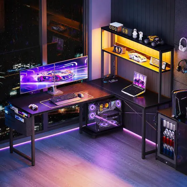 Alt view image 2 of 6 - 53 Inch L Shaped Gaming Desk with LED Lighting, Reversible Desk with Power Outlets, Cornor Computer Table with Storage Shelves & Bag & Iron Hook, Home Office Table for Writing, Study, Black