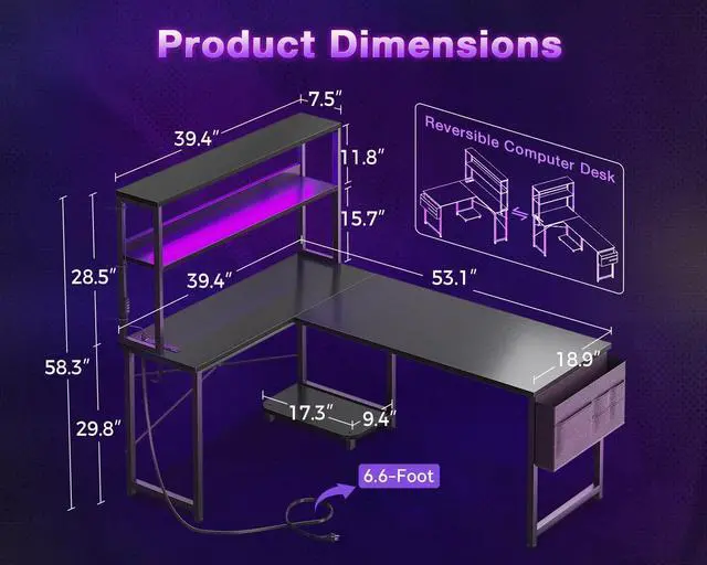 Alt view image 3 of 6 - 53 Inch L Shaped Gaming Desk with LED Lighting, Reversible Desk with Power Outlets, Cornor Computer Table with Storage Shelves & Bag & Iron Hook, Home Office Table for Writing, Study, Black