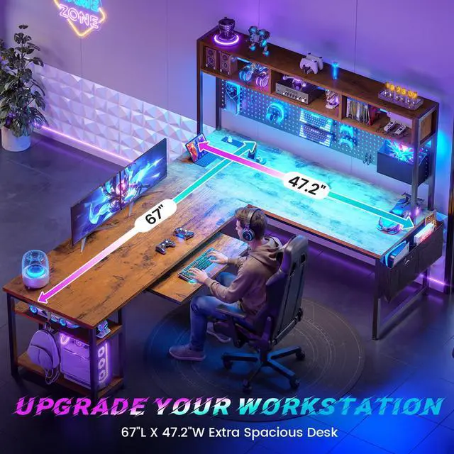 Alt view image 5 of 6 - L Shaped Computer Desk, Reversible Corner Desk with Power Outlet and Pegboard, Computer Desk with Led Lights, Keyboard Tray, Headphone Hook and Storage Shelves, Rustic Brown