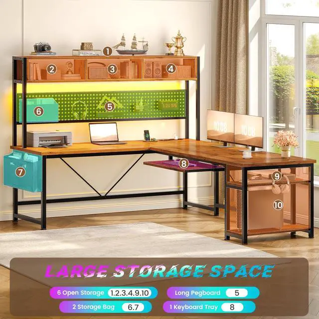 Alt view image 6 of 6 - L Shaped Computer Desk, Reversible Corner Desk with Power Outlet and Pegboard, Computer Desk with Led Lights, Keyboard Tray, Headphone Hook and Storage Shelves, Rustic Brown