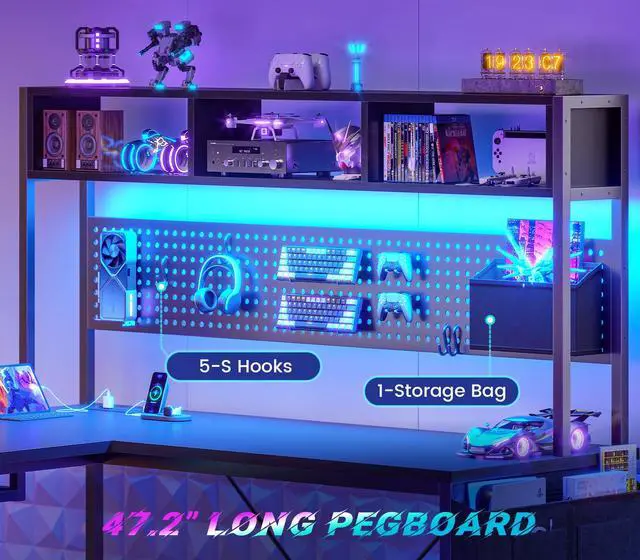 Alt view image 4 of 6 - L Shaped Gaming Desk, Reversible Computer Desk with Power Outlet and Pegboard, Gaming Desk with Led Lights, Keyboard Tray and Storage Bag for Home Office, Black