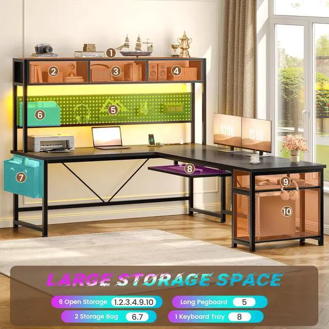 Alt view image 6 of 6 - L Shaped Gaming Desk, Reversible Computer Desk with Power Outlet and Pegboard, Gaming Desk with Led Lights, Keyboard Tray and Storage Bag for Home Office, Black