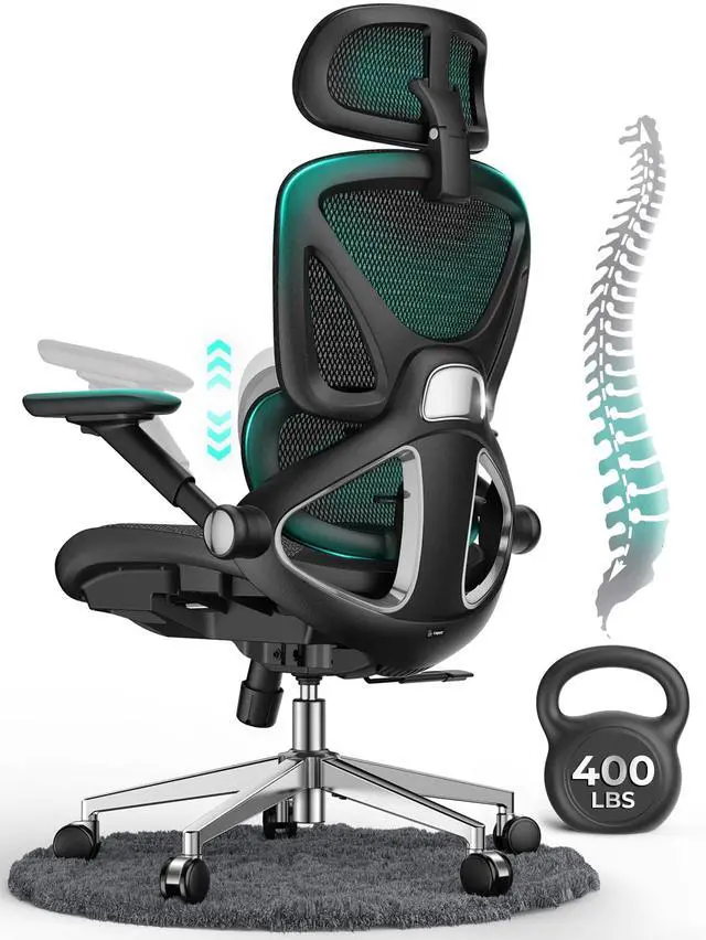 Main image of Ergonomic Mesh Office Chair, Adjustable Lumbar High Back Desk Chair 400lbs, 4D Flip-up Arms, 3-Level Tilt Backrest, 3D Headrest, PU Wheels, Swivel Rolling Computer Seating for Long Desk Work