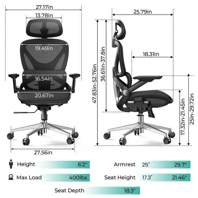 Alt view image 2 of 6 - Ergonomic Mesh Office Chair, Adjustable Lumbar High Back Desk Chair 400lbs, 4D Flip-up Arms, 3-Level Tilt Backrest, 3D Headrest, PU Wheels, Swivel Rolling Computer Seating for Long Desk Work