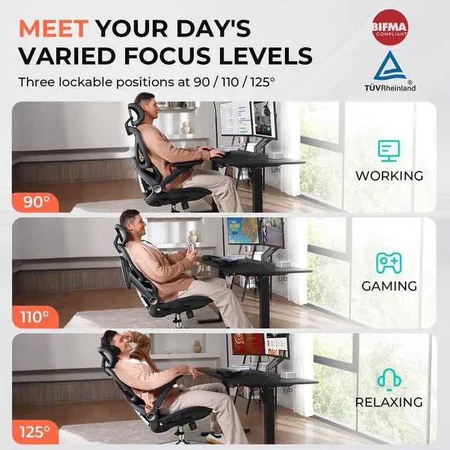 Alt view image 4 of 6 - Ergonomic Mesh Office Chair, Adjustable Lumbar High Back Desk Chair 400lbs, 4D Flip-up Arms, 3-Level Tilt Backrest, 3D Headrest, PU Wheels, Swivel Rolling Computer Seating for Long Desk Work