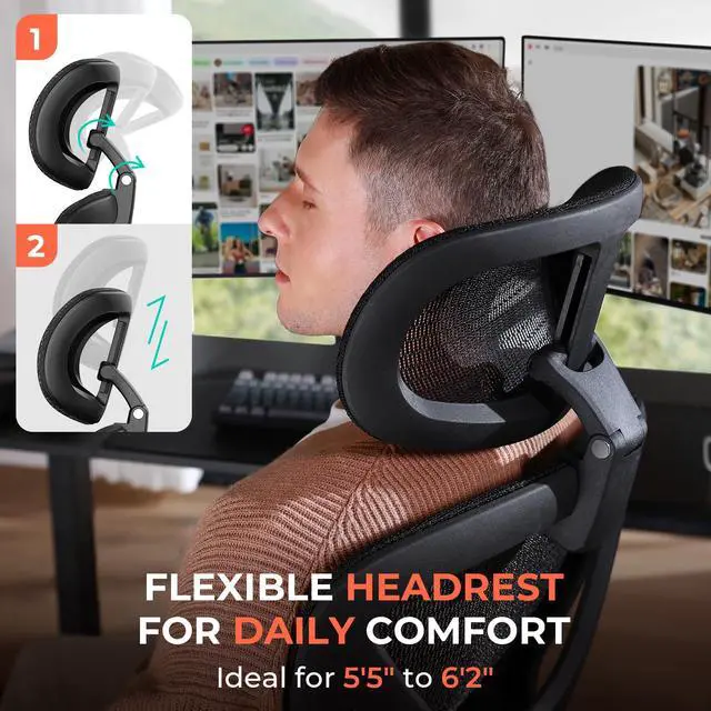Alt view image 5 of 6 - Ergonomic Mesh Office Chair, Adjustable Lumbar High Back Desk Chair 400lbs, 4D Flip-up Arms, 3-Level Tilt Backrest, 3D Headrest, PU Wheels, Swivel Rolling Computer Seating for Long Desk Work