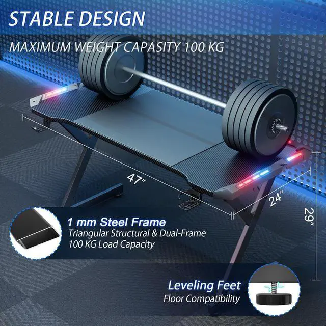 Alt view image 3 of 6 - 47 Inch Gaming Desk with LED Lights, Ergonomic Computer Gaming Table with Carbon Fibre Surface, Sturdy PC Workstation Desk for Home Office with Headphone Hook, Cup Holder, Black