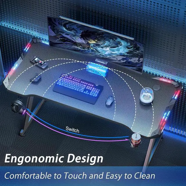 Alt view image 5 of 6 - 47 Inch Gaming Desk with LED Lights, Ergonomic Computer Gaming Table with Carbon Fibre Surface, Sturdy PC Workstation Desk for Home Office with Headphone Hook, Cup Holder, Black