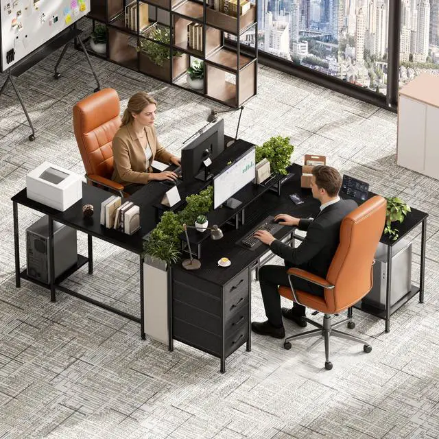 Alt view image 2 of 6 - 59 inch L Shaped Computer Desk with Power Outlets, Home Office Desk with 4 Adjustable Storage Drawers & 2 Monitor Stands, Two Person Gaming Table for Bedroom, Black