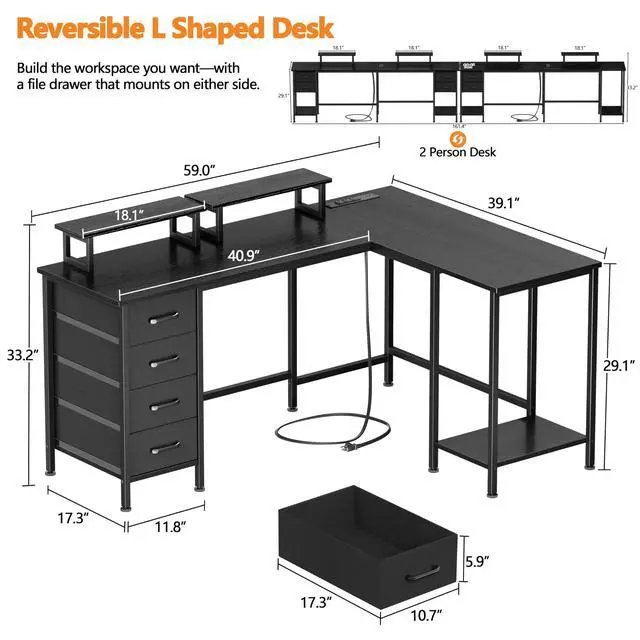 Alt view image 3 of 6 - 59 inch L Shaped Computer Desk with Power Outlets, Home Office Desk with 4 Adjustable Storage Drawers & 2 Monitor Stands, Two Person Gaming Table for Bedroom, Black