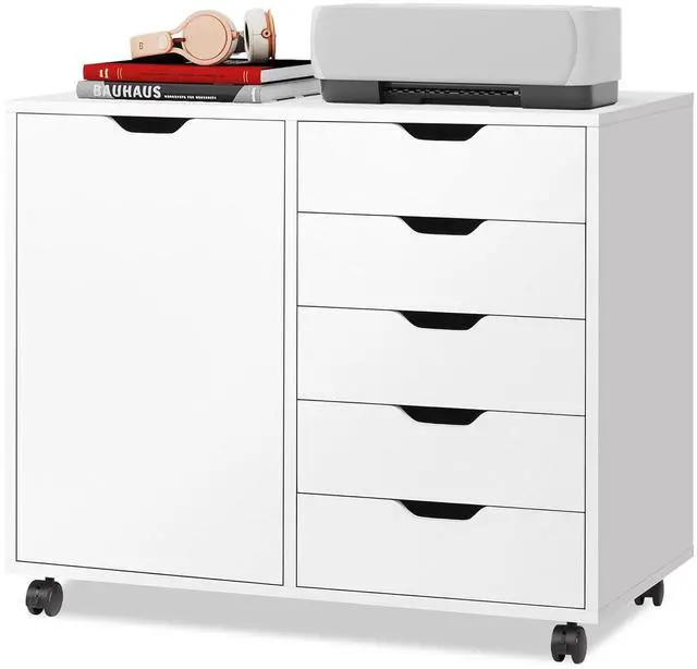 Main image of 5-Drawer Wood Drawer Cabinet, Office Storage Cabinet with Adjustable Shelf & Wheels, Printer Stand for Home Office, White
