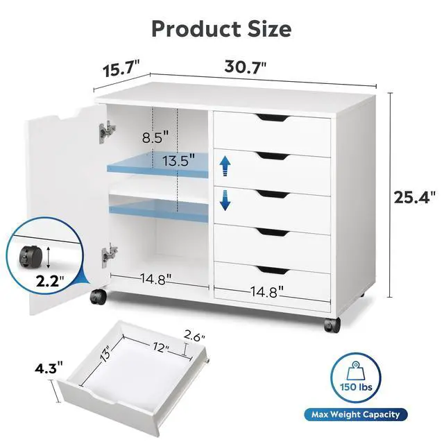 Alt view image 2 of 6 - 5-Drawer Wood Drawer Cabinet, Office Storage Cabinet with Adjustable Shelf & Wheels, Printer Stand for Home Office, White