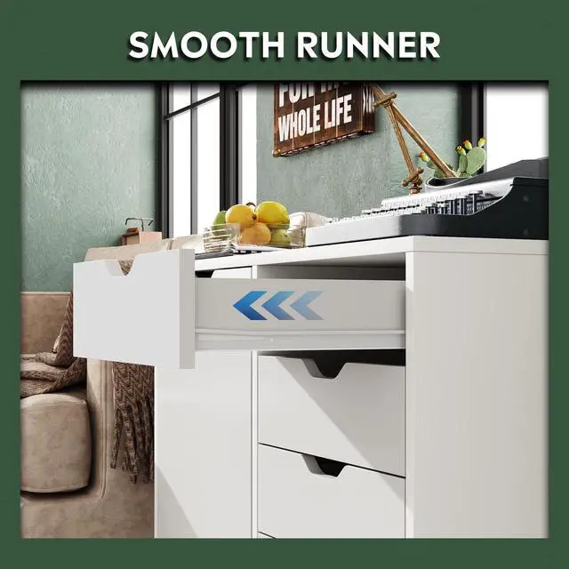 Alt view image 5 of 6 - 5-Drawer Wood Drawer Cabinet, Office Storage Cabinet with Adjustable Shelf & Wheels, Printer Stand for Home Office, White