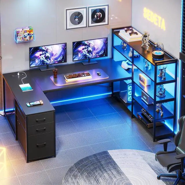 Main image of L Shaped Gaming Desk, Reversible U Shaped Computer Desk with Power Outlet and Storage Shelves, Corner Gaming Desk with LED Lights, 3 Fabric Drawers, Black