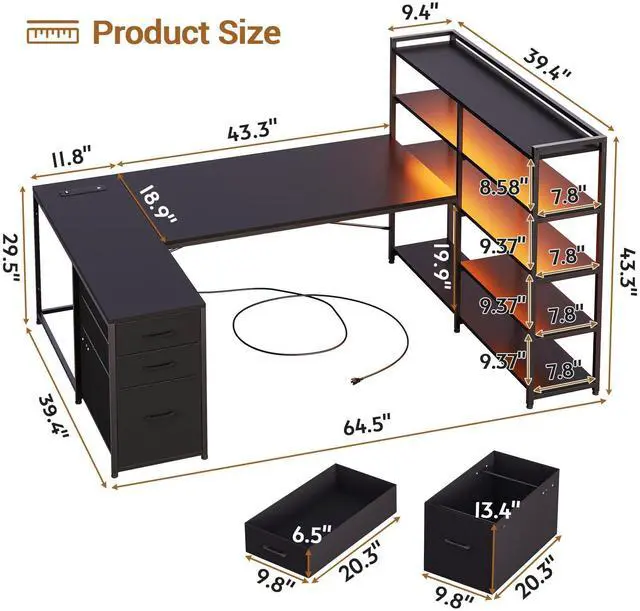 Alt view image 2 of 6 - L Shaped Gaming Desk, Reversible U Shaped Computer Desk with Power Outlet and Storage Shelves, Corner Gaming Desk with LED Lights, 3 Fabric Drawers, Black