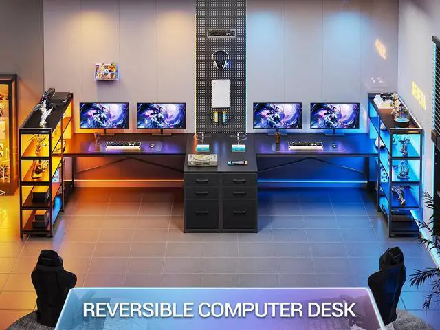 Alt view image 3 of 6 - L Shaped Gaming Desk, Reversible U Shaped Computer Desk with Power Outlet and Storage Shelves, Corner Gaming Desk with LED Lights, 3 Fabric Drawers, Black