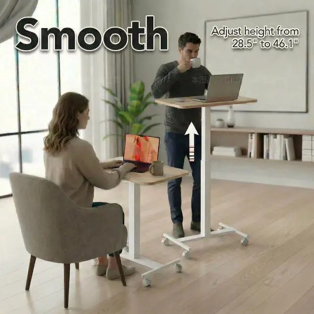 Alt view image 3 of 6 - Small Rolling Laptop Standing Desk, Height Adjustable Mobile T-Base Desk with Lockable Casters, Portable Sit-Stand Workstation for Bedside & Sofa, Light Walunt