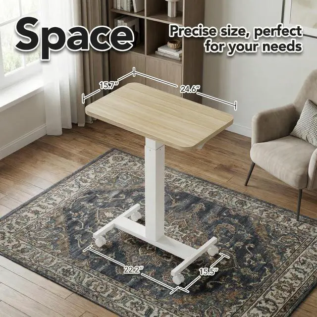 Alt view image 4 of 6 - Small Rolling Laptop Standing Desk, Height Adjustable Mobile T-Base Desk with Lockable Casters, Portable Sit-Stand Workstation for Bedside & Sofa, Light Walunt