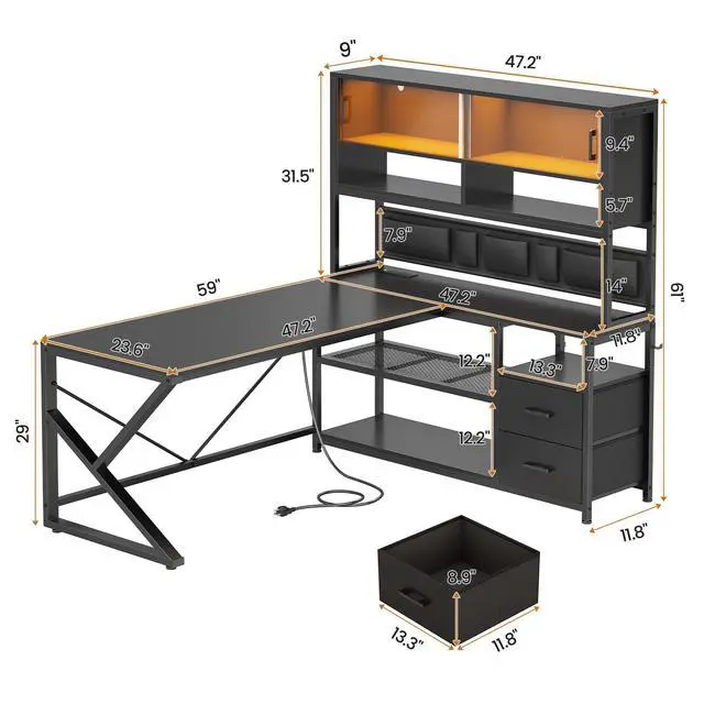 Alt view image 2 of 6 - L Shaped Gaming Desk, Home Office Computer Desk with 2 Drawer and Bookshelf, L Shaped Gaming Desk with LED Light, Glass Cabinet and Storage Bag, Corner Desk with Storage Shelves, Black