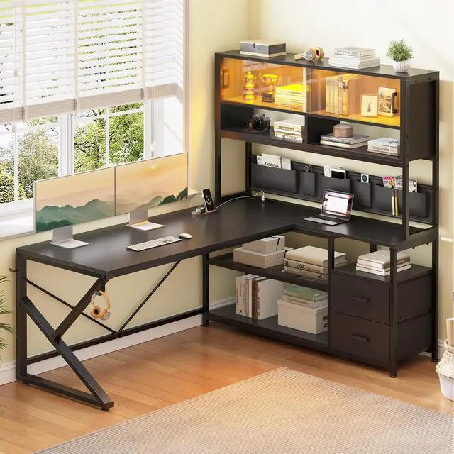 Alt view image 3 of 6 - L Shaped Gaming Desk, Home Office Computer Desk with 2 Drawer and Bookshelf, L Shaped Gaming Desk with LED Light, Glass Cabinet and Storage Bag, Corner Desk with Storage Shelves, Black