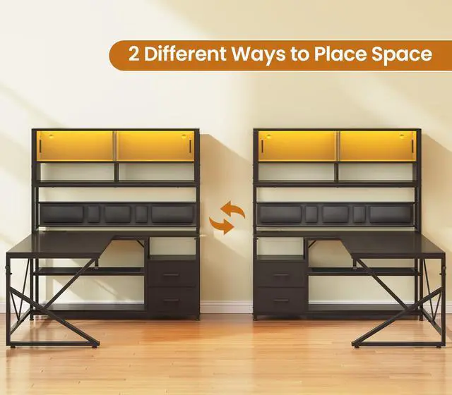 Alt view image 4 of 6 - L Shaped Gaming Desk, Home Office Computer Desk with 2 Drawer and Bookshelf, L Shaped Gaming Desk with LED Light, Glass Cabinet and Storage Bag, Corner Desk with Storage Shelves, Black