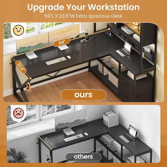 Alt view image 5 of 6 - L Shaped Gaming Desk, Home Office Computer Desk with 2 Drawer and Bookshelf, L Shaped Gaming Desk with LED Light, Glass Cabinet and Storage Bag, Corner Desk with Storage Shelves, Black