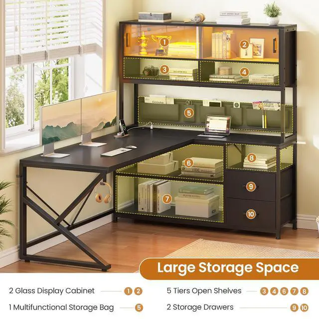 Alt view image 6 of 6 - L Shaped Gaming Desk, Home Office Computer Desk with 2 Drawer and Bookshelf, L Shaped Gaming Desk with LED Light, Glass Cabinet and Storage Bag, Corner Desk with Storage Shelves, Black