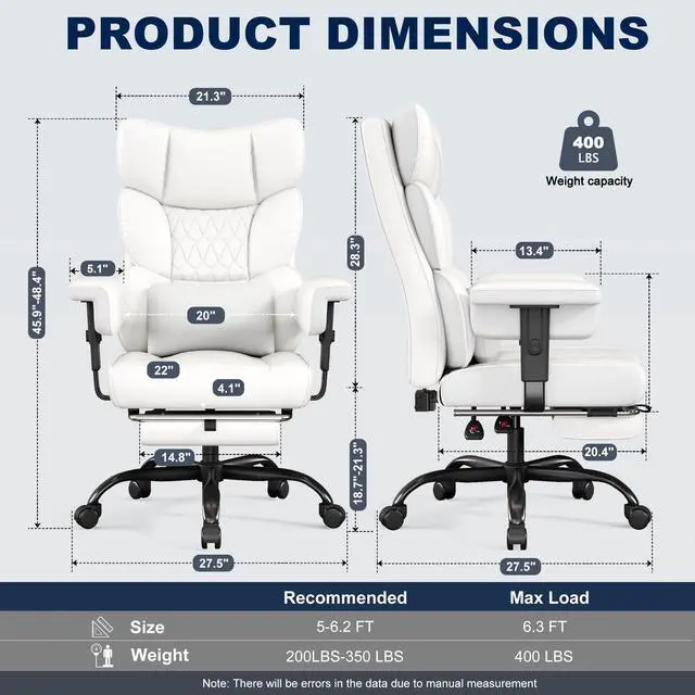 Alt view image 3 of 6 - Big and Tall Office Chair with Footrest, High Back Executive Desk Chair with Adjustable Lift Armrest, 155°Recline,Lumbar Support Pillow, Faux Leather Gaming Chairs for Home or Office