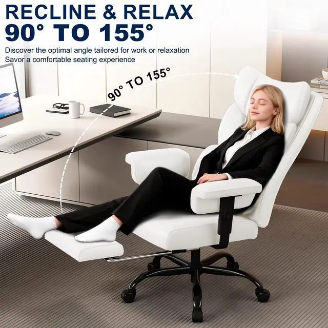 Alt view image 4 of 6 - Big and Tall Office Chair with Footrest, High Back Executive Desk Chair with Adjustable Lift Armrest, 155°Recline,Lumbar Support Pillow, Faux Leather Gaming Chairs for Home or Office