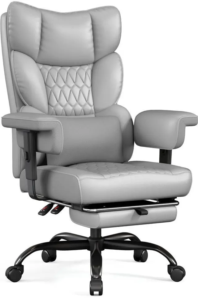Main image of Big and Tall Office Chair with Footrest, High Back Executive Desk Chair with Adjustable Lift Armrest, 155°Recline,Lumbar Support Pillow, Faux Leather Gaming Chairs for Home or Office Gray