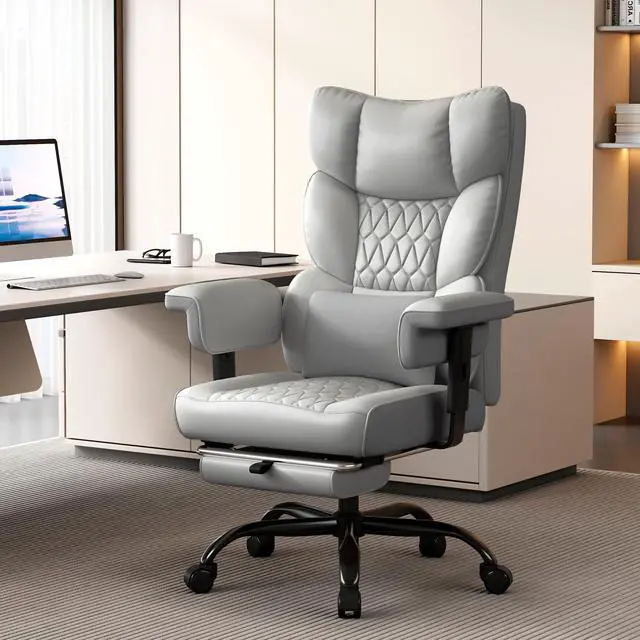 Alt view image 2 of 6 - Big and Tall Office Chair with Footrest, High Back Executive Desk Chair with Adjustable Lift Armrest, 155°Recline,Lumbar Support Pillow, Faux Leather Gaming Chairs for Home or Office Gray
