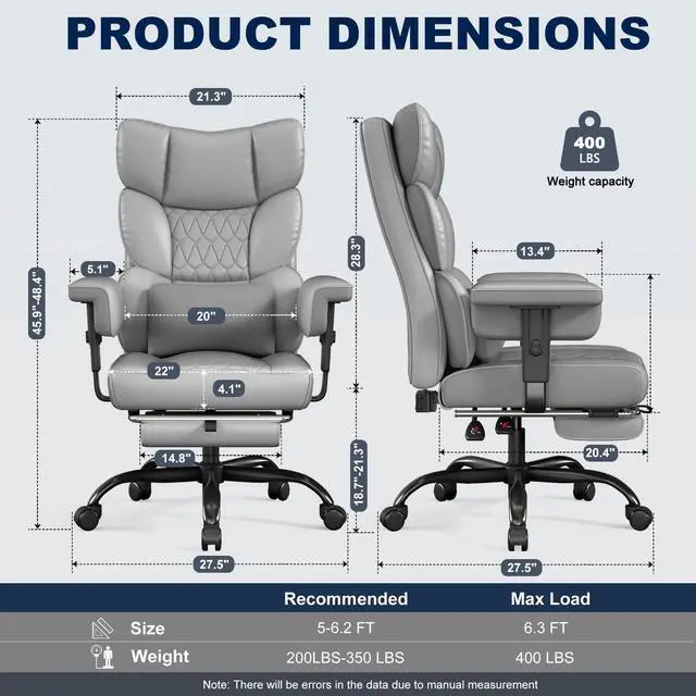Alt view image 3 of 6 - Big and Tall Office Chair with Footrest, High Back Executive Desk Chair with Adjustable Lift Armrest, 155°Recline,Lumbar Support Pillow, Faux Leather Gaming Chairs for Home or Office Gray
