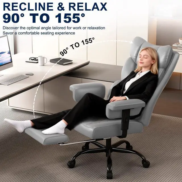 Alt view image 4 of 6 - Big and Tall Office Chair with Footrest, High Back Executive Desk Chair with Adjustable Lift Armrest, 155°Recline,Lumbar Support Pillow, Faux Leather Gaming Chairs for Home or Office Gray