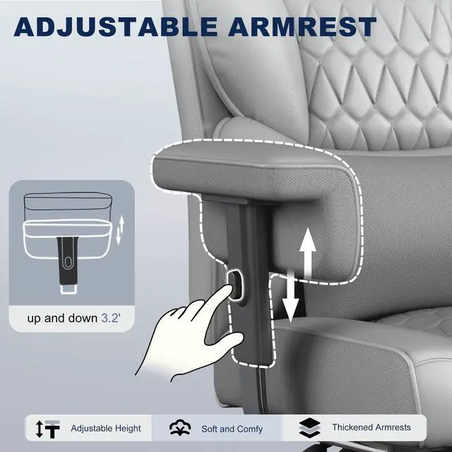 Alt view image 6 of 6 - Big and Tall Office Chair with Footrest, High Back Executive Desk Chair with Adjustable Lift Armrest, 155°Recline,Lumbar Support Pillow, Faux Leather Gaming Chairs for Home or Office Gray