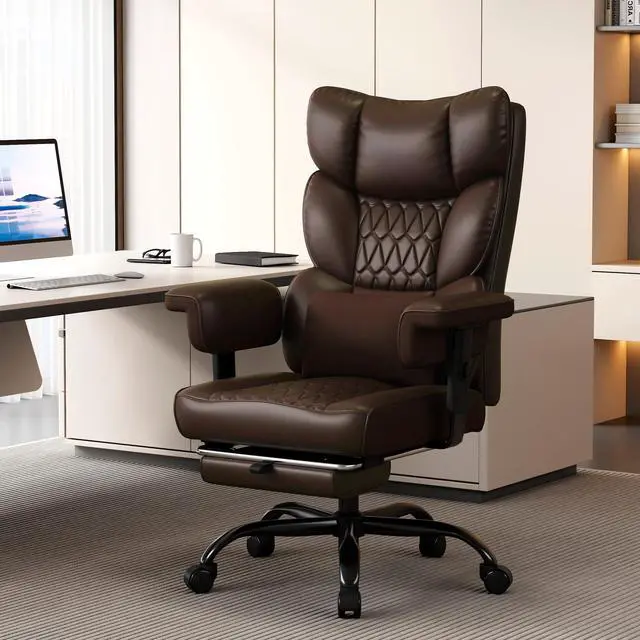 Alt view image 2 of 6 - Big and Tall Office Chair with Footrest, High Back Executive Desk Chair with Adjustable Lift Armrest, 155°Recline,Lumbar Support Pillow, Faux Leather Gaming Chairs for Home or Office Brown