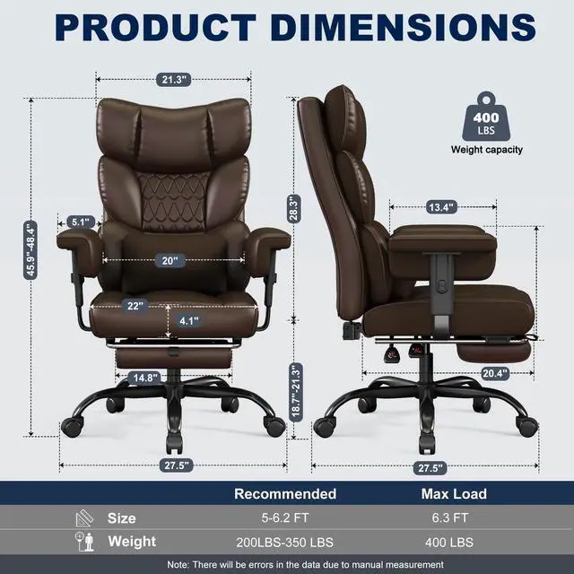 Alt view image 3 of 6 - Big and Tall Office Chair with Footrest, High Back Executive Desk Chair with Adjustable Lift Armrest, 155°Recline,Lumbar Support Pillow, Faux Leather Gaming Chairs for Home or Office Brown