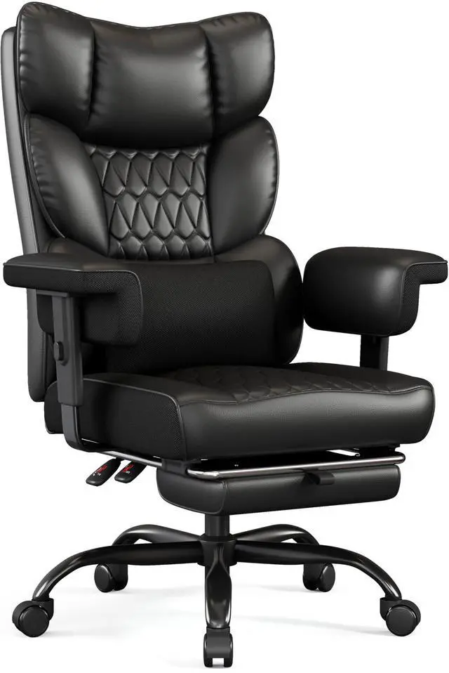 Main image of Big and Tall Office Chair with Footrest, High Back Executive Desk Chair with Adjustable Lift Armrest, 155°Recline,Lumbar Support Pillow, Faux Leather Gaming Chairs for Home or Office Black