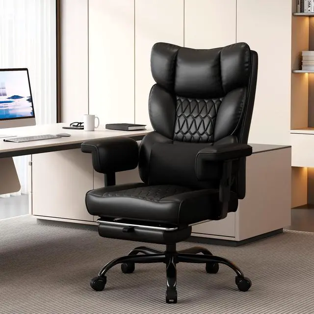 Alt view image 2 of 6 - Big and Tall Office Chair with Footrest, High Back Executive Desk Chair with Adjustable Lift Armrest, 155°Recline,Lumbar Support Pillow, Faux Leather Gaming Chairs for Home or Office Black