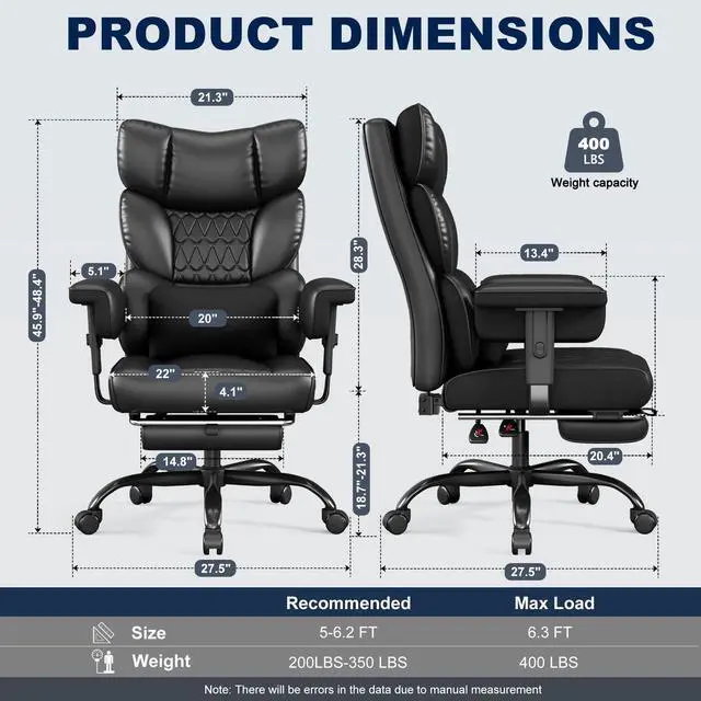 Alt view image 3 of 6 - Big and Tall Office Chair with Footrest, High Back Executive Desk Chair with Adjustable Lift Armrest, 155°Recline,Lumbar Support Pillow, Faux Leather Gaming Chairs for Home or Office Black