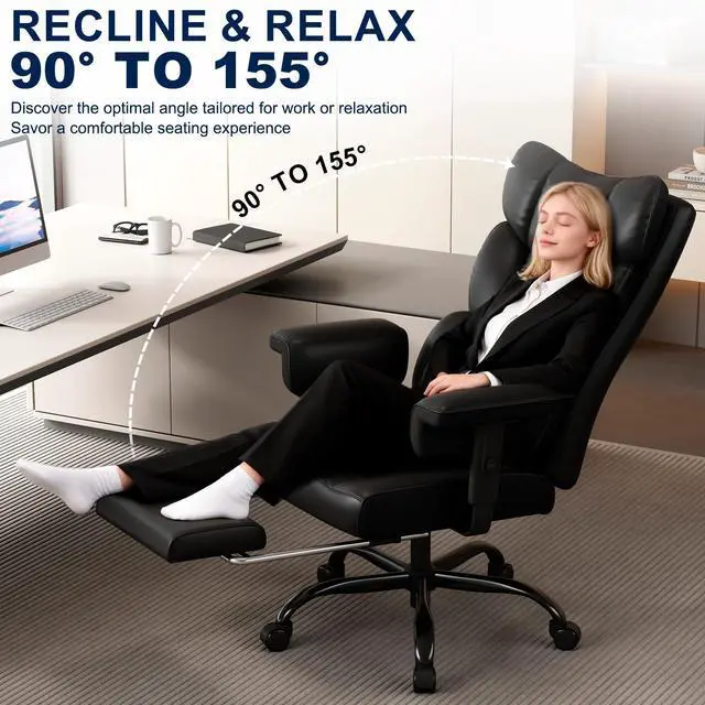 Alt view image 4 of 6 - Big and Tall Office Chair with Footrest, High Back Executive Desk Chair with Adjustable Lift Armrest, 155°Recline,Lumbar Support Pillow, Faux Leather Gaming Chairs for Home or Office Black