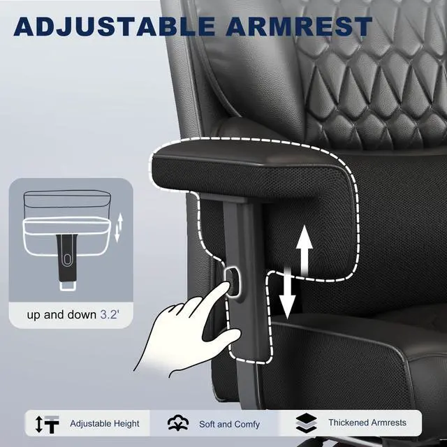 Alt view image 5 of 6 - Big and Tall Office Chair with Footrest, High Back Executive Desk Chair with Adjustable Lift Armrest, 155°Recline,Lumbar Support Pillow, Faux Leather Gaming Chairs for Home or Office Black