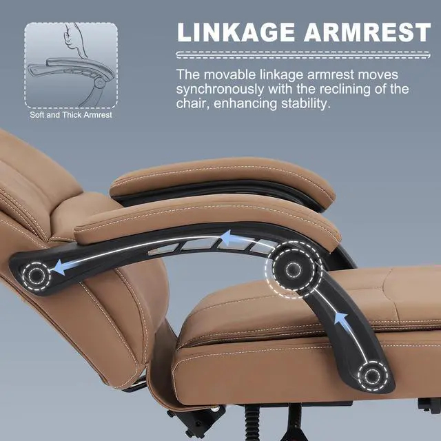 Alt view image 3 of 5 - Big and Tall Office Chair with Footrest, High Back Desk Chair with Linkage Armrest, 90-155° Recline Executive Computer Chairs with Adjustable Height for Home