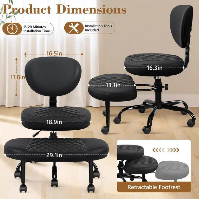 Alt view image 2 of 6 - Ergonomic Cross Legged Office Chair with Wheels - Adjustable Height for Meditation, ADHD Desk & Yoga - Wide Criss Cross Design with Lumbar Support, Kneeling Chair - Upgraded Black