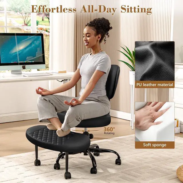 Alt view image 4 of 6 - Ergonomic Cross Legged Office Chair with Wheels - Adjustable Height for Meditation, ADHD Desk & Yoga - Wide Criss Cross Design with Lumbar Support, Kneeling Chair - Upgraded Black