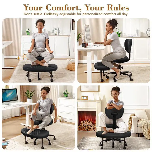 Alt view image 5 of 6 - Ergonomic Cross Legged Office Chair with Wheels - Adjustable Height for Meditation, ADHD Desk & Yoga - Wide Criss Cross Design with Lumbar Support, Kneeling Chair - Upgraded Black