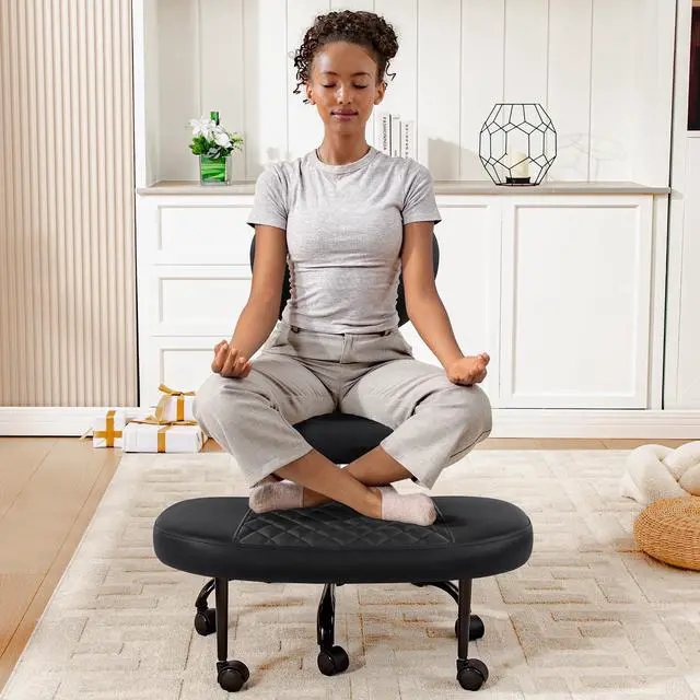 Alt view image 6 of 6 - Ergonomic Cross Legged Office Chair with Wheels - Adjustable Height for Meditation, ADHD Desk & Yoga - Wide Criss Cross Design with Lumbar Support, Kneeling Chair - Upgraded Black