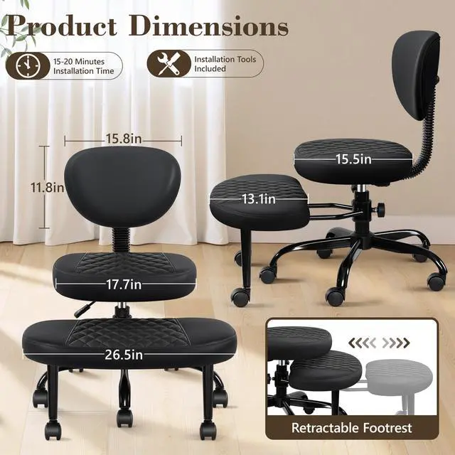Alt view image 2 of 6 - Ergonomic Cross Legged Office Chair with Wheels - Adjustable Height for Meditation, ADHD Desk & Yoga - Wide Criss Cross Design with Lumbar Support, Kneeling Chair - Black