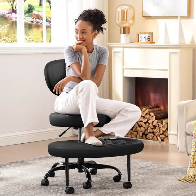 Alt view image 3 of 6 - Ergonomic Cross Legged Office Chair with Wheels - Adjustable Height for Meditation, ADHD Desk & Yoga - Wide Criss Cross Design with Lumbar Support, Kneeling Chair - Black